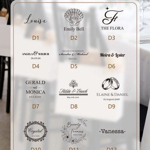 K&ouml;nnte beinhalten: Ein rechteckiges Schild mit der &Uuml;berschrift Design Options zeigt zw&ouml;lf verschiedene schwarze Grafiklayouts, die von D1 bis D12 beschriftet sind. Jedes Layout enth&auml;lt Kombinationen aus Namen, Daten und Illustrationen wie Muscheln, Ringe und Blumenmotive.