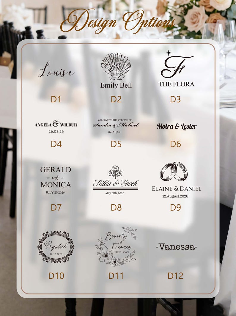 K&ouml;nnte beinhalten: Ein rechteckiges Schild mit der &Uuml;berschrift Design Options zeigt zw&ouml;lf verschiedene schwarze Grafiklayouts, die von D1 bis D12 beschriftet sind. Jedes Layout enth&auml;lt Kombinationen aus Namen, Daten und Illustrationen wie Muscheln, Ringe und Blumenmotive.