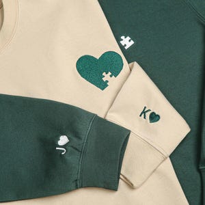 Custom Embroidered Couple Sweatshirt, Embroidered Heart and Puzzle Piece Sweatshirt, Initial With Heart On Sleeve, Anniversary Gift