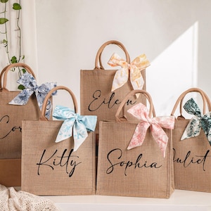 Personalized Bridesmaid Gift Bag, Custom Burlap Gift Bag With Scarf, Beach Tote Bag, Bachelorette Party Bag, Bridesmaid Proposal Gift