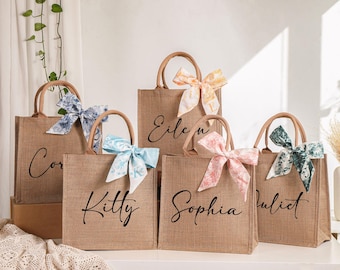 Personalized Bridesmaid Gift Bag, Custom Burlap Gift Bag With Scarf, Beach Tote Bag, Bachelorette Party Bag, Bridesmaid Proposal Gift