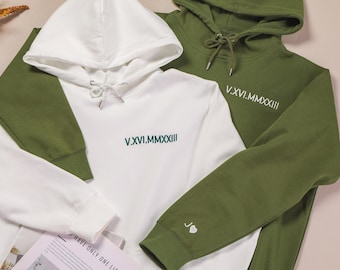 Personalisierter gestickter römischer Ziffern-Hoodie, individuell gestickter passender Hoodie, Paargeschenk, Verlobungsgeschenk, Geburtstagsgeschenk