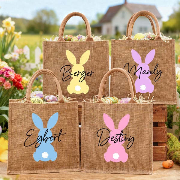 Sacola de Páscoa personalizada, Sacola de Páscoa de juta, Sacola de Páscoa personalizada com coelhinho da Páscoa e nome, Sacolas para caça aos ovos de Páscoa para crianças, Cesta de Páscoa, Sacolas para presentes de Páscoa