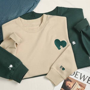 Custom Embroidered Couple Sweatshirt, Embroidered Heart and Puzzle Piece Sweatshirt, Initial With Heart On Sleeve, Anniversary Gift