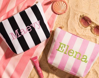 Personalized Striped Makeup Bag, Corduroy Cosmetic Pouch, Travel Toiletry Bag, Bridesmaid Gift
