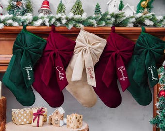 Personalized Bow Christmas Stocking, Embroidered Family Stocking, Velvet Christmas Gift, Holiday Decor