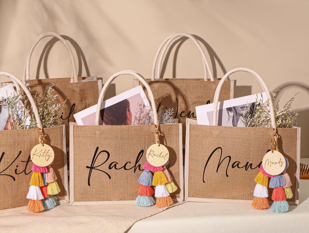 Personalized Bridesmaid Gift Bag With Charm, Custom Burlap Beach Bag ...