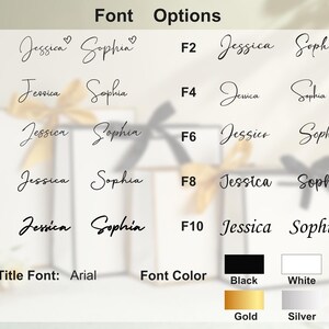 May include: A chart showing 10 different font styles for the names Jessica and Sophia. The font styles are labeled F1 through F10. The chart also shows four font colors: black, white, gold, and silver.