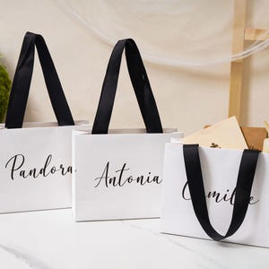 K&ouml;nnte beinhalten: Drei wei&szlig;e Geschenkt&uuml;ten aus Papier mit schwarzen Bandhenkeln. Jede T&uuml;te ist auf der Vorderseite mit einem individuellen Namen in schwarzer Schreibschrift bedruckt. Die sichtbaren Namen sind Pandora, Antonia und Camille. Rechteckige T&uuml;ten mit flachem Boden.