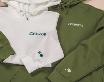 Personalisierter gestickter römischer Ziffern-Hoodie, individuell gestickter passender Hoodie, Paargeschenk, Verlobungsgeschenk, Geburtstagsgeschenk