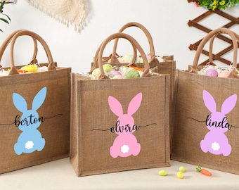 Bolsa de Pascua personalizada, bolsa de yute para Pascua, bolsa de conejo de Pascua personalizada con nombre, bolsas para la búsqueda de huevos para niños, cesta de Pascua, bolsas de regalo de Pascua