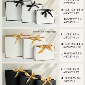 May include: Three sizes of gift bags with black, white, and gold ribbon bows. The bags are available in black and white. The sizes are small, medium, and large. The measurements are listed in inches and centimeters.