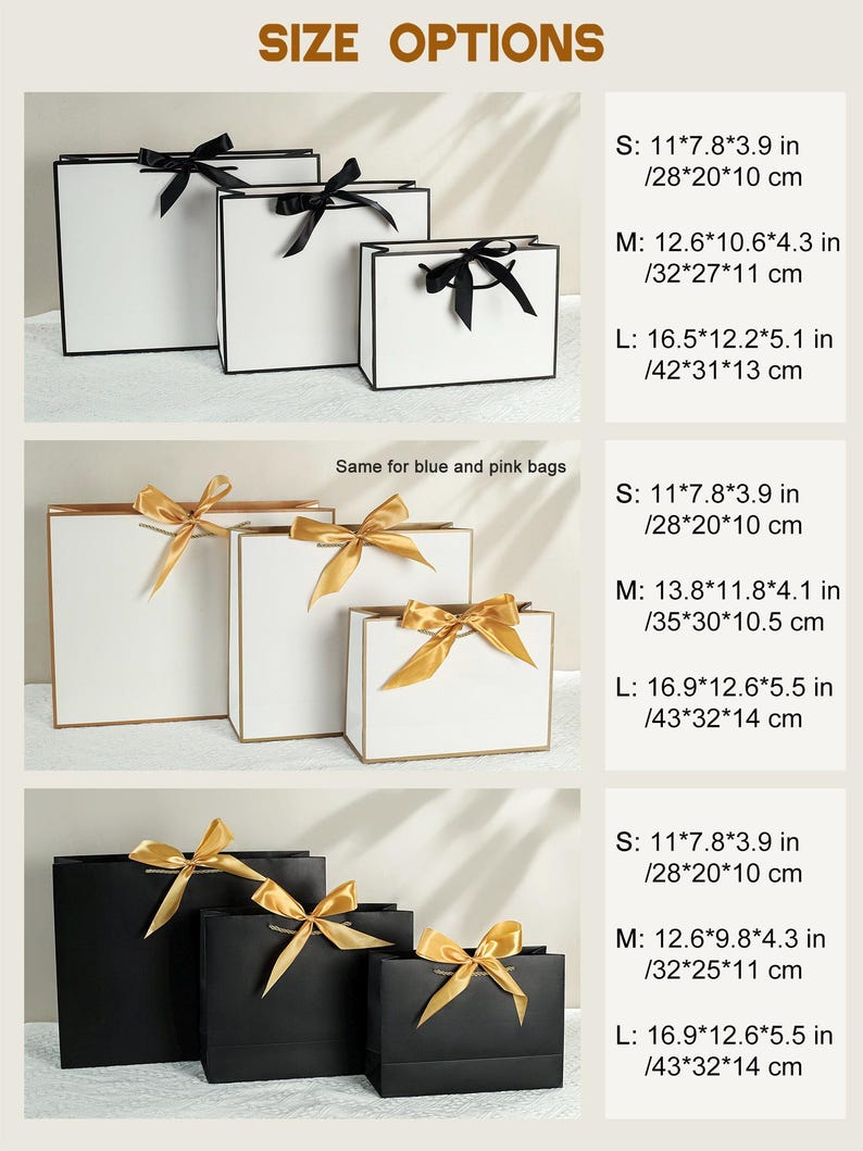 May include: Three sizes of gift bags with black, white, and gold ribbon bows. The bags are available in black and white. The sizes are small, medium, and large. The measurements are listed in inches and centimeters.