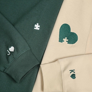 Custom Embroidered Couple Sweatshirt, Embroidered Heart and Puzzle Piece Sweatshirt, Initial With Heart On Sleeve, Anniversary Gift