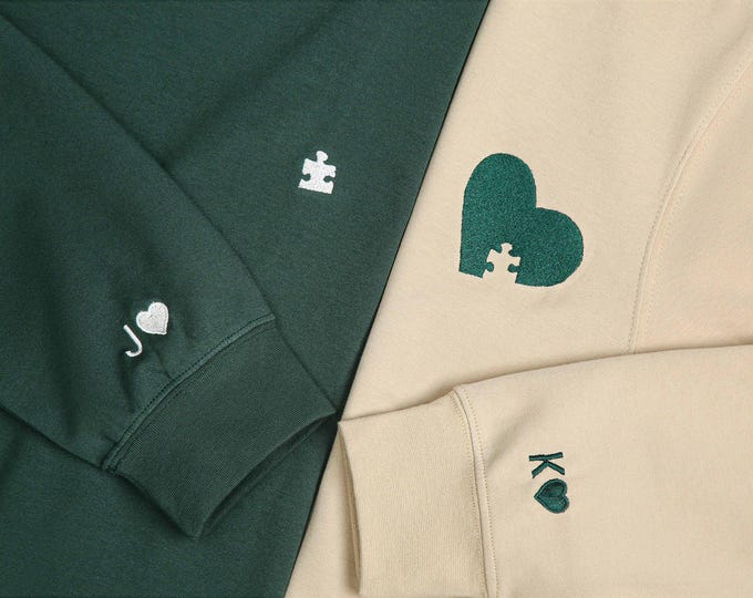 Personalized Embroidered Couple Sweatshirt, Initial With Heart On Sleeve, Anniversary Gift