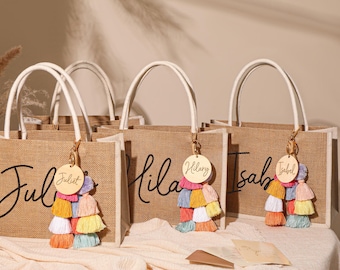 Personalized Bridesmaid Gift Bag with Charm, Custom Burlap Beach Bag, Bachelorette Party Favor
