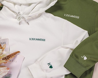 Personalisierter gestickter römischer Ziffern-Hoodie, individuell gestickter passender Hoodie, Paargeschenk, Verlobungsgeschenk, Geburtstagsgeschenk