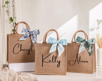 Custom Burlap Gift Bag With Scarf, Personalized Bridesmaid Gift Bag, Beach Tote Bag, Bachelorette Party Bag, Bridesmaid Proposal Gift