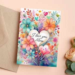 Afdrukbare aquarel Moederdagkaart Ik hou van je moeder kaart Happy Mother's Day bloem bloemen volkskunst stijl kleurrijke kaart direct downloaden