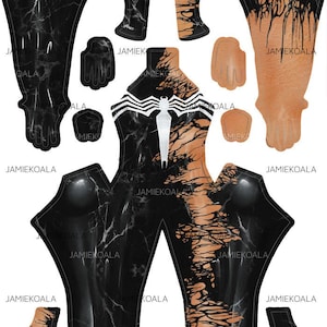 Może przedstawiać: Czarno-brązowy kombinezon z nadrukiem pająka na klatce piersiowej. Kombinezon jest pocięty na kawałki do szycia. Kawałki są oznaczone tekstem "JAMIEKOALA.COM".