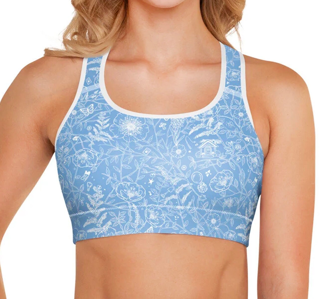 New Horizon Blue Floral Garden Print Gamer Sports Bra