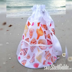 Seashell Shelling Bag Beach Bag Shells of Southwest Florida Gulf of Mexico Drawstring Shoulder Strap Mesh Base Tote image 4