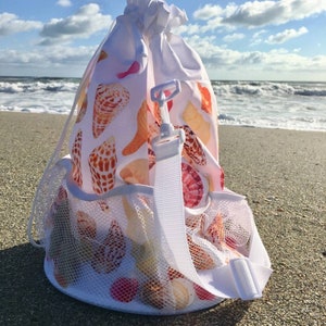 Seashell Shelling Bag Beach Bag Shells of Southwest Florida Gulf of Mexico Drawstring Shoulder Strap Mesh Base Tote image 2