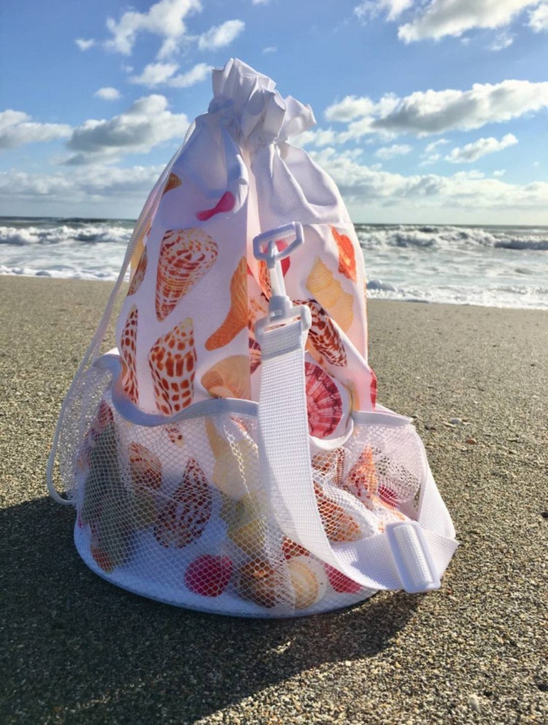 Seashell Shelling Bag Beach Bag Shells of Southwest Florida Gulf of Mexico Drawstring Shoulder Strap Mesh Base Tote image 2