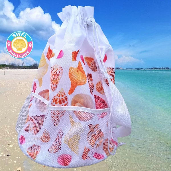 Seashell Shelling Bag! Beach Bag Shells of Southwest Florida - Gulf of Mexico - Drawstring Shoulder Strap Mesh Base Tote