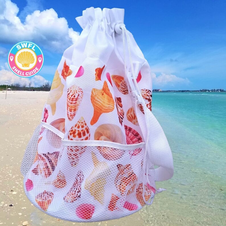 Seashell Shelling Bag Beach Bag Shells of Southwest Florida Gulf of Mexico Drawstring Shoulder Strap Mesh Base Tote image 1