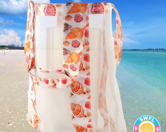 Seashell Shelling Bag! Beach Bag with Shells of Southwest Florida - Gulf of Mexico - Sturdy White Mesh with Front Pocket