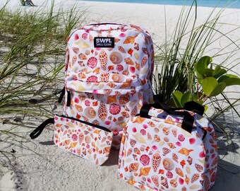 Seashell Shelling Shells of Southwest Florida Book Bag Set with Lunch Bag and Pencil Pouch or Wristlet