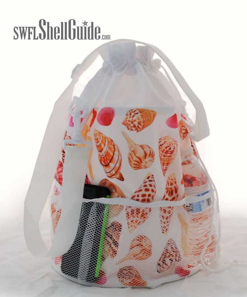 Seashell Shelling Bag Beach Bag Shells of Southwest Florida Gulf of Mexico Drawstring Shoulder Strap Mesh Base Tote image 7