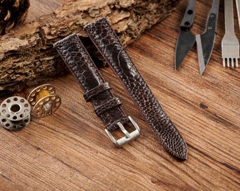 Brunt klockarmband i läder med strutsben, 24 mm 22 mm 20 mm handgjort läderarmband, klockarmband i läder med strutsfot, 18 mm 16 mm 14 mm: