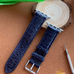 Correa de piel de cocodrilo azul marino oscuro, correa de reloj de piel hecha a mano, piel personalizada, correa de piel para Apple Watch, 16 mm, 18 mm, 20 mm, 22 mm, 24 mm: