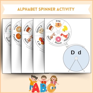 Actividad con ruleta del alfabeto para niños, aprendizaje de reconocimiento de letras, actividad imprimible para preescolar y jardín de infantes, actividad de educación en el hogar