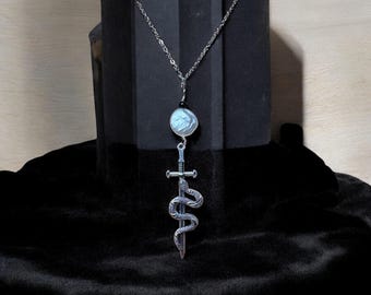 Snake Sword Necklace – Gothic Jewellery, Dark Aesthetic Necklace, Witchy Pendant, Alternative Jewellery, Pearl Detail Necklace, Gift for Her