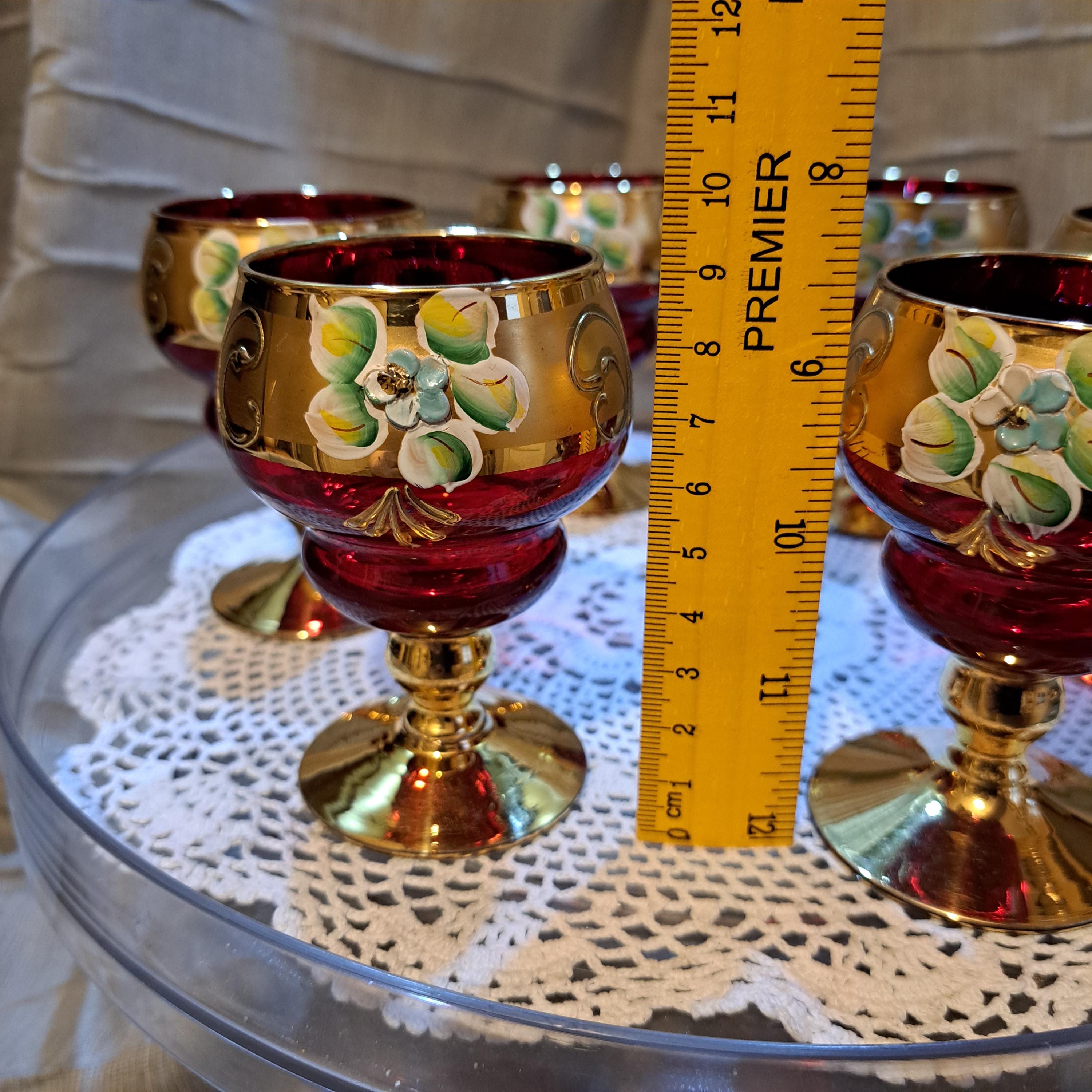 Vintage Murano Glass Decanter Set: Ruby Red, 24K Gold Enamel