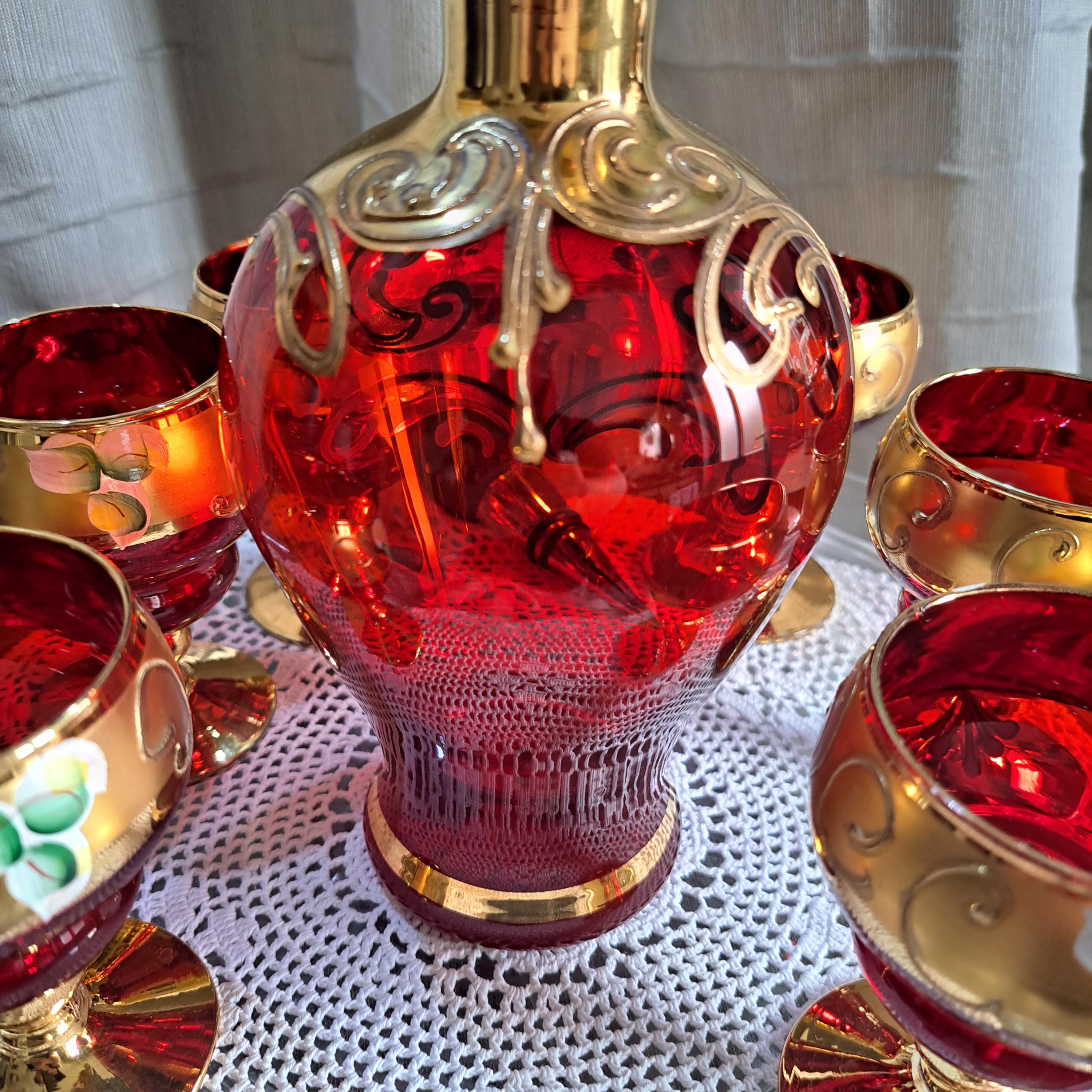 Vintage Murano Glass Decanter Set: Ruby Red, 24K Gold Enamel