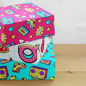 Fogli di carta da regalo personalizzati con effetto neon retrò anni '80