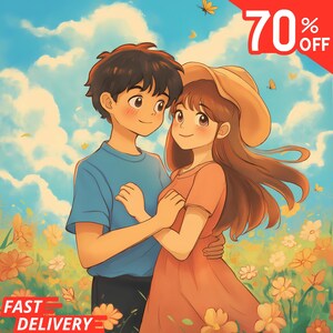 ジブリ風アニメポートレート - カップル、家族、ペット、記念日、結婚式、母の日のギフトに最適な、写真からカスタマイズできるアート