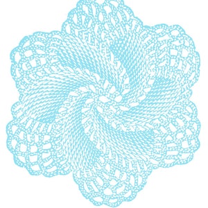 May include: A light blue crocheted doily with a swirling pattern.