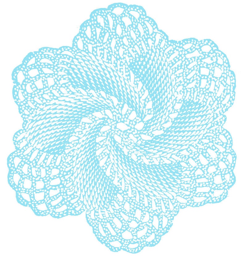 May include: A light blue crocheted doily with a swirling pattern.