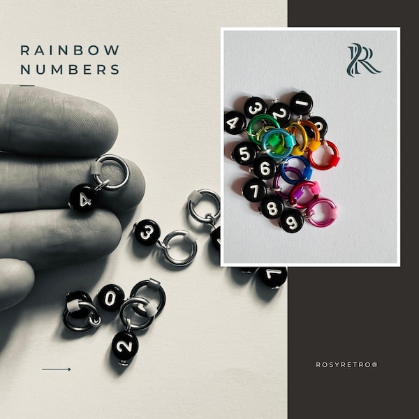 Number Stitch Markers for knitting   - RAINBOW NUMBERS Black Set