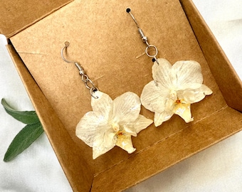 Pendientes de orquídeas naturales, pendientes de orquídeas hechos a mano, pendientes florales, pendientes colgantes, pendientes de flores naturales, regalo para ella