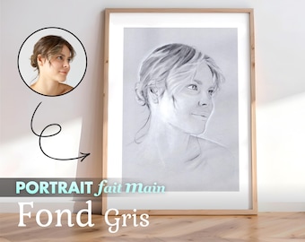 Portrait au Crayon sur Fond Gris, 100% Fait Main sans IA, Personnalisé à partir de Vos Photo(s), Un Cadeau Unique et Original à Offrir