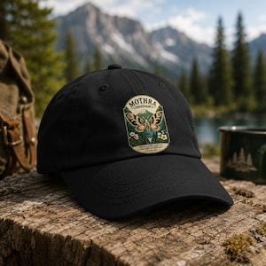 Könnte beinhalten: Eine schwarze Baseballkappe mit einem zentralen gestickten Aufnäher, der einen Nachtfalter, weiße Blumen und eine Berglandschaft zeigt. Der Text lautet MOTHRA CONSERVANCY, PROTECTING EARTH'S ANCIENT GUARDIANS und SINCE 1961, inklusive kleinem Symbol.