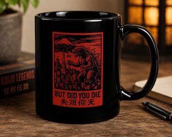 Tazza "King of Monsters But Did You Die" Tazza da caffè Kaiju Parodia di film di mostri giapponesi retrò Tazza in ceramica nera
