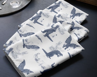 King Of Monsters Cloth Napkin Set of 4  Blue Godzilla, Gamera, King Ghidorah, Mothra, Custom Made to Order