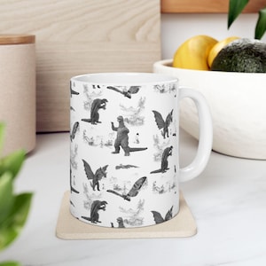 King of Monsters Ceramic Mug, 11oz, 15oz, Black, Godzilla, Gamera, King Ghidorah, Mothra, Custom Made to Order